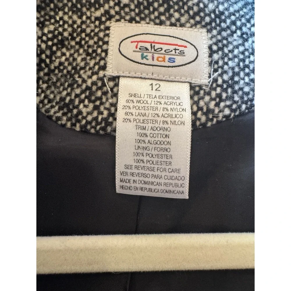 Talbots Kids Girls Size 12 Black White  Herringbone Wool Blend Knee Length  Coat